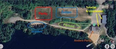 Plan der Location mit Zeltplatz, Partyarea und Hütten